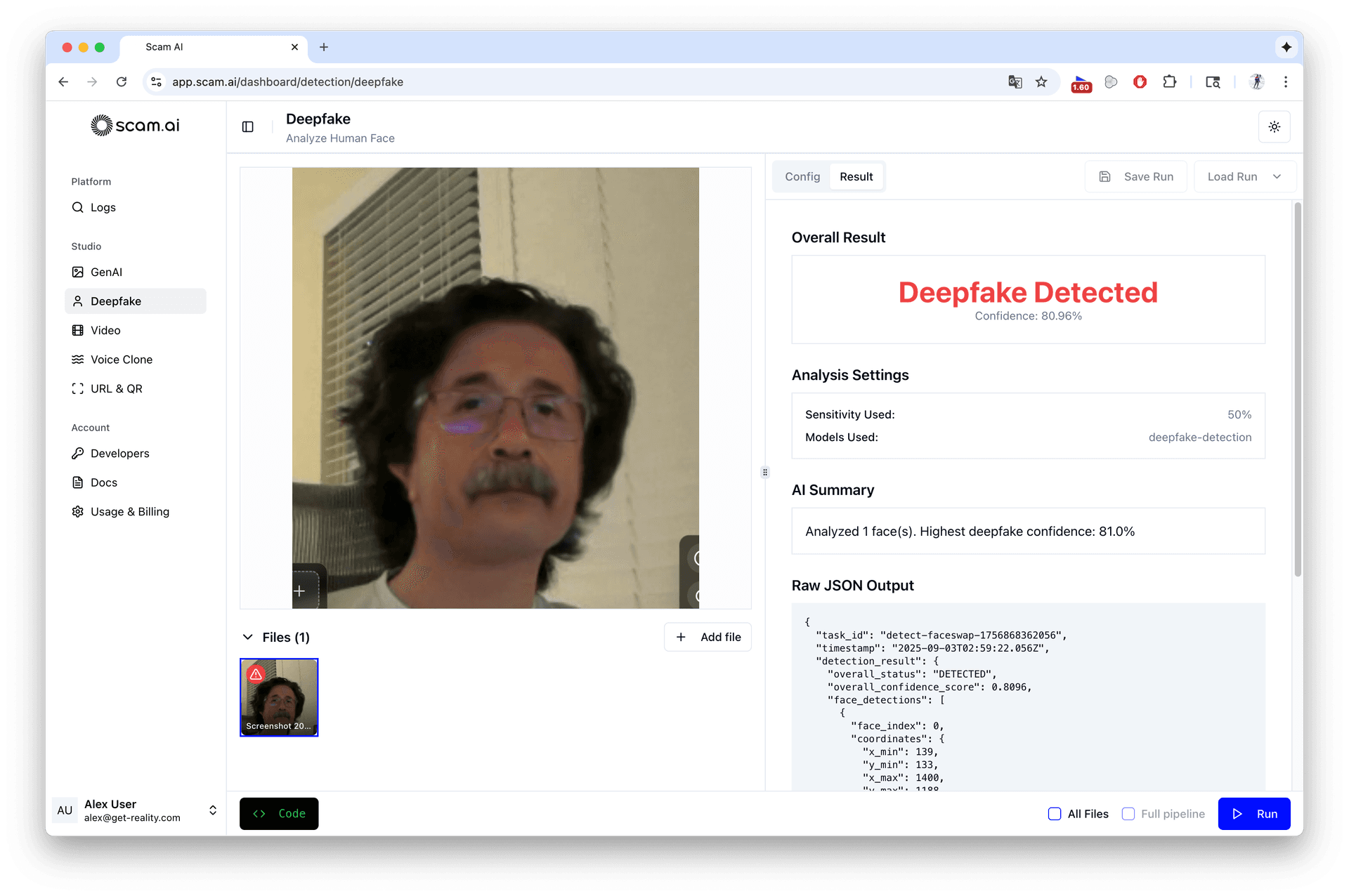 Deepfake detection interface showing analysis results