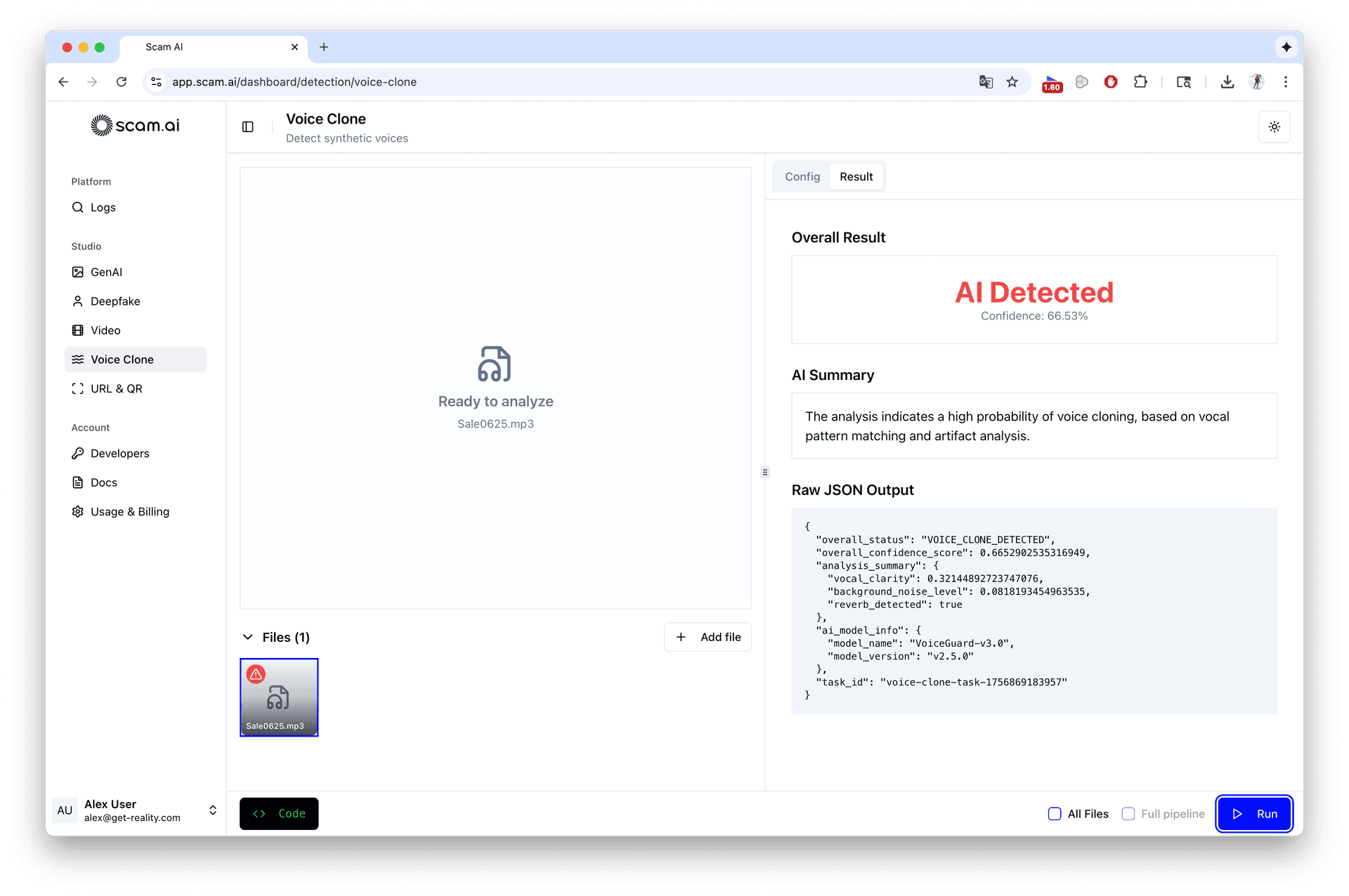 Voice detection interface showing analysis results for synthetic audio